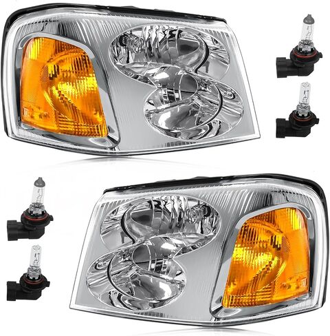 Headlight Assembly Compatible with GMC Envoy 2002-2009 Halogen Type Head Lamp, OE-Style Headlight Replacement for 15866070 15866071 GM2502220 GM2503220, Chrome Housing+Amber Reflector in Saudi Arabia