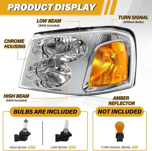 Headlight Assembly Compatible with GMC Envoy 2002-2009 Halogen Type Head Lamp, OE-Style Headlight Replacement for 15866070 15866071 GM2502220 GM2503220, Chrome Housing+Amber Reflector in Saudi Arabia