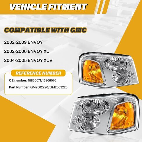 Headlight Assembly Compatible with GMC Envoy 2002-2009 Halogen Type Head Lamp, OE-Style Headlight Replacement for 15866070 15866071 GM2502220 GM2503220, Chrome Housing+Amber Reflector in Saudi Arabia