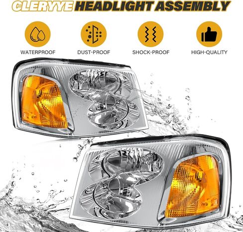 Headlight Assembly Compatible with GMC Envoy 2002-2009 Halogen Type Head Lamp, OE-Style Headlight Replacement for 15866070 15866071 GM2502220 GM2503220, Chrome Housing+Amber Reflector in Saudi Arabia