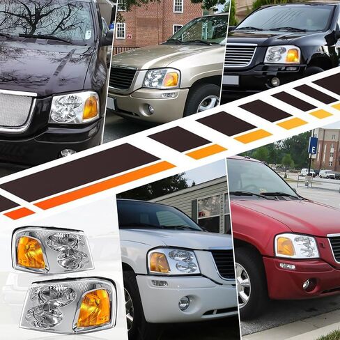 Headlight Assembly Compatible with GMC Envoy 2002-2009 Halogen Type Head Lamp, OE-Style Headlight Replacement for 15866070 15866071 GM2502220 GM2503220, Chrome Housing+Amber Reflector in Saudi Arabia