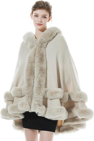 BEAUTELICATE Women Knit Cape Coat Knitted Hooded Cloak Poncho with Fur Trims Faux Fur Shawl in Saudi Arabia