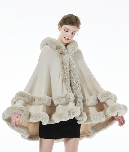 BEAUTELICATE Women Knit Cape Coat Knitted Hooded Cloak Poncho with Fur Trims Faux Fur Shawl in Saudi Arabia