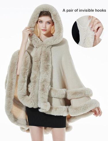 BEAUTELICATE Women Knit Cape Coat Knitted Hooded Cloak Poncho with Fur Trims Faux Fur Shawl in Saudi Arabia