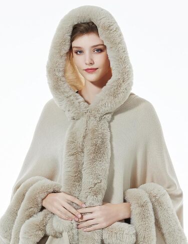 BEAUTELICATE Women Knit Cape Coat Knitted Hooded Cloak Poncho with Fur Trims Faux Fur Shawl in Saudi Arabia