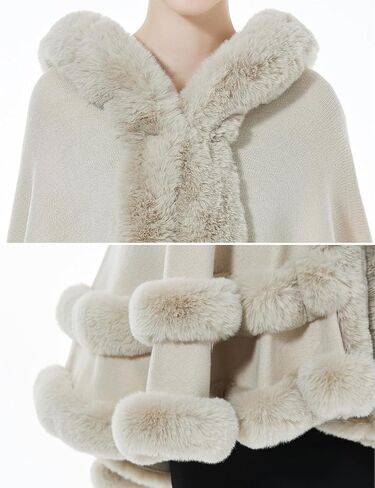 BEAUTELICATE Women Knit Cape Coat Knitted Hooded Cloak Poncho with Fur Trims Faux Fur Shawl in Saudi Arabia