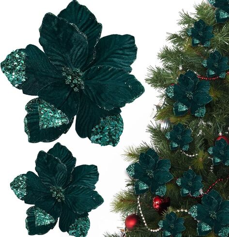 16 Pcs Christmas Poinsettia Flowers Decoration Artificial Christmas Velvet Flowers Glitter Magnolia Flower Ornaments for Christmas Tree Wreath Garland Decor 9.4 Inch and 6.3inch(Burgundy) in Saudi Arabia