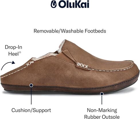 OluKai Moloa Slipper Men's Slippers, Premium Nubuck Leather Slip On Shoes, Shearling Lining & Gel Insert, Drop-In Heel in Kuwait