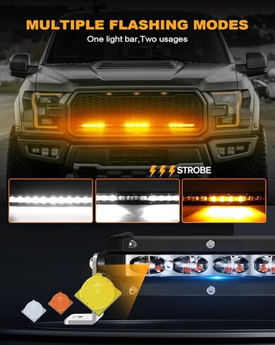 BraveWAY [منحني] [أبيض وعنبر ستروب] شريط إضاءة LED 32 بوصة، شريط LED نحيف صف واحد للطرق الوعرة، الشاحنات، سيارات الدفع الرباعي، ATV، UTV، السيارة، ضوء مطاردة وامض مع حزام الأسلاك in Kuwait