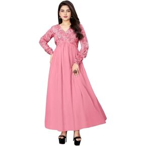 Pink Embroidered Sequin A-line Maxi Dress for Women Georgette Crepe Long Gown Wedding Party Comfortable Wear in Saudi Arabia