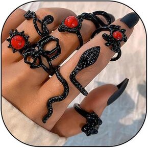 11pcs Gothic Black Stackable Rings Set Punk Dark Lotus Flower Red Stone Retro Hollow Carved Palace Style Knuckle Joint Rings Jewelry for Women in Saudi Arabia