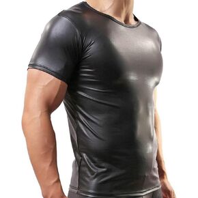 QiaTi Men's Undershirt Faux Leather Wetlook Shirt Muscle Fit Athletic Tank Top T-Shirts in Kuwait