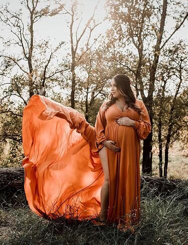 Women's Satin Maternity Dress for Photoshoot Long Sleeve Wrap Side Splits Baby Shower Dress for Pregnancy in Saudi Arabia