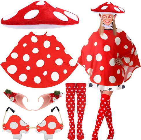 Geyoga Halloween Mushroom Costume for Women Mushroom Hat Fairy Elf Ears Fairy Woodland Adult Cape Sunglasses Red Poncho Cosplay Renaissance Accessories Outfits in Saudi Arabia