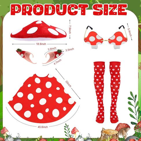 Geyoga Halloween Mushroom Costume for Women Mushroom Hat Fairy Elf Ears Fairy Woodland Adult Cape Sunglasses Red Poncho Cosplay Renaissance Accessories Outfits in Saudi Arabia