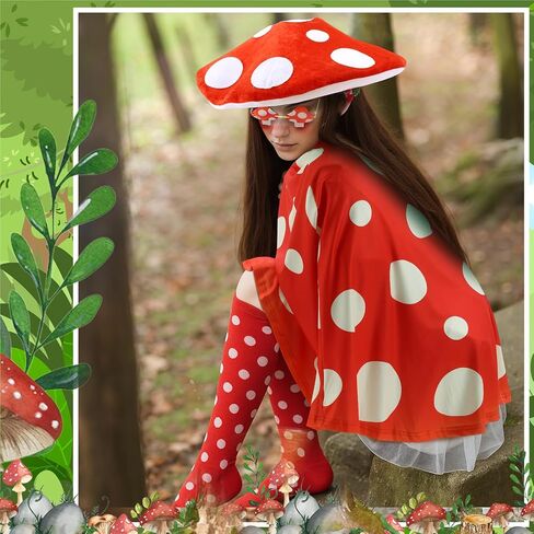 Geyoga Halloween Mushroom Costume for Women Mushroom Hat Fairy Elf Ears Fairy Woodland Adult Cape Sunglasses Red Poncho Cosplay Renaissance Accessories Outfits in Saudi Arabia