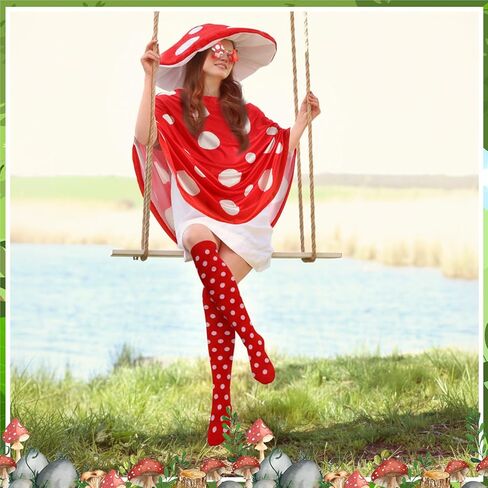 Geyoga Halloween Mushroom Costume for Women Mushroom Hat Fairy Elf Ears Fairy Woodland Adult Cape Sunglasses Red Poncho Cosplay Renaissance Accessories Outfits in Saudi Arabia