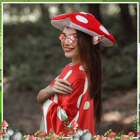 Geyoga Halloween Mushroom Costume for Women Mushroom Hat Fairy Elf Ears Fairy Woodland Adult Cape Sunglasses Red Poncho Cosplay Renaissance Accessories Outfits in Saudi Arabia