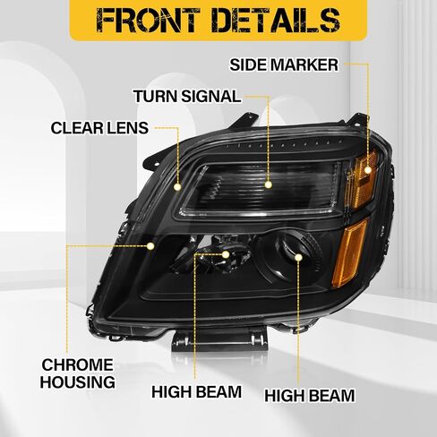 مجموعة المصابيح الأمامية مع المصابيح المتوافقة مع GMC Terrain 2010 2011 2012 2013 2014 2015، استبدال المصابيح الأمامية الهالوجين لـ 84791974 84791975، الجانب الأيسر والأيمن، عاكس كهرماني أسود in Kuwait