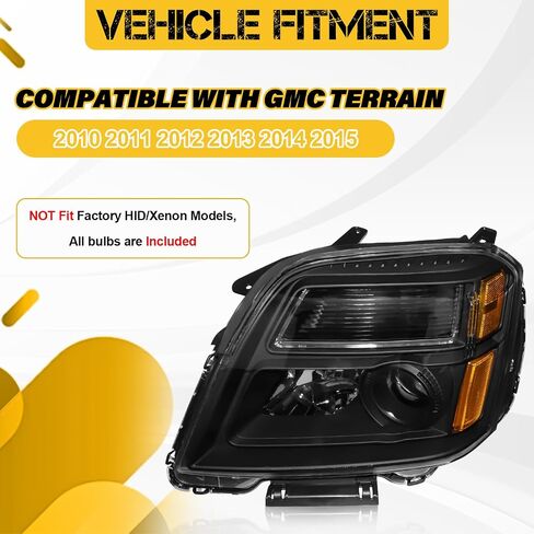 مجموعة المصابيح الأمامية مع المصابيح المتوافقة مع GMC Terrain 2010 2011 2012 2013 2014 2015، استبدال المصابيح الأمامية الهالوجين لـ 84791974 84791975، الجانب الأيسر والأيمن، عاكس كهرماني أسود in Kuwait