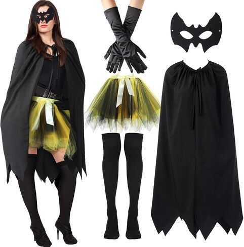 Jecery 5 Pcs Halloween Bat Costume for Women Adult Halloween Cosplay Accessories Include Black Cloak Gloves Socks Face Mask and Yellow Short Skirt for Birthday Party Supplies Drama Masquerade in Saudi Arabia