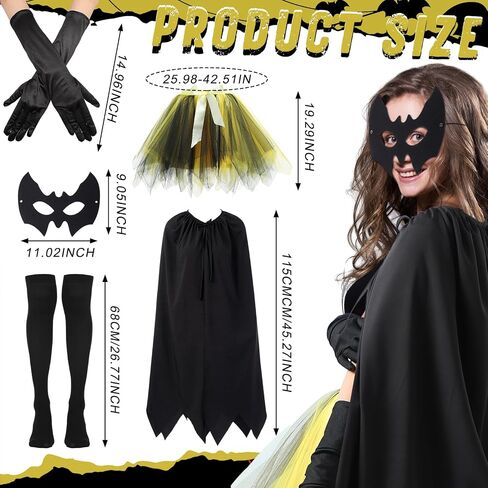 Jecery 5 Pcs Halloween Bat Costume for Women Adult Halloween Cosplay Accessories Include Black Cloak Gloves Socks Face Mask and Yellow Short Skirt for Birthday Party Supplies Drama Masquerade in Saudi Arabia