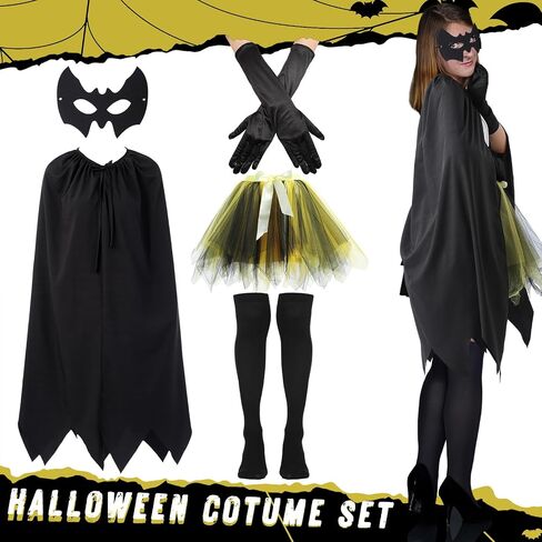 Jecery 5 Pcs Halloween Bat Costume for Women Adult Halloween Cosplay Accessories Include Black Cloak Gloves Socks Face Mask and Yellow Short Skirt for Birthday Party Supplies Drama Masquerade in Saudi Arabia