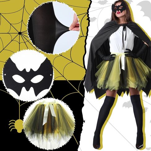 Jecery 5 Pcs Halloween Bat Costume for Women Adult Halloween Cosplay Accessories Include Black Cloak Gloves Socks Face Mask and Yellow Short Skirt for Birthday Party Supplies Drama Masquerade in Saudi Arabia