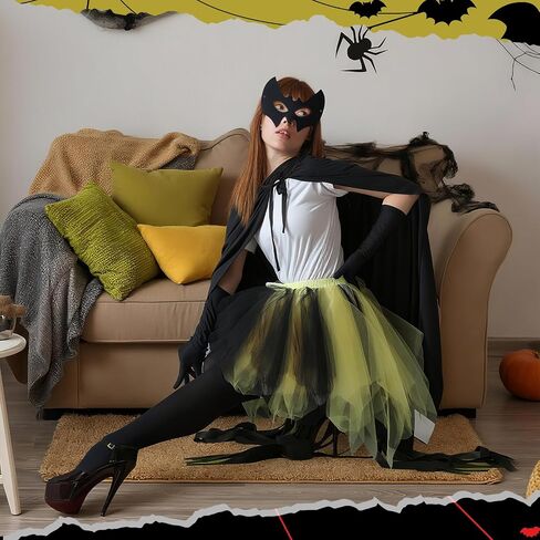 Jecery 5 Pcs Halloween Bat Costume for Women Adult Halloween Cosplay Accessories Include Black Cloak Gloves Socks Face Mask and Yellow Short Skirt for Birthday Party Supplies Drama Masquerade in Saudi Arabia