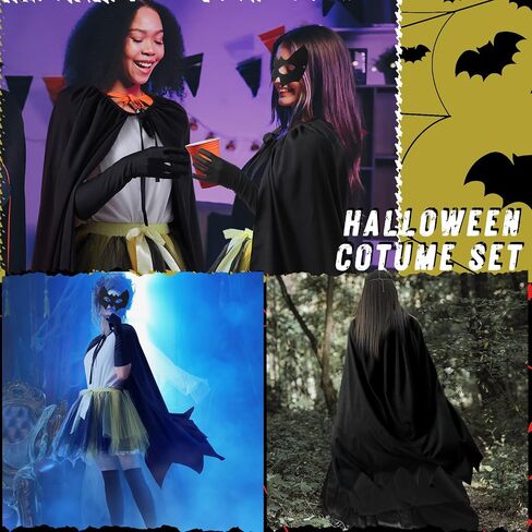 Jecery 5 Pcs Halloween Bat Costume for Women Adult Halloween Cosplay Accessories Include Black Cloak Gloves Socks Face Mask and Yellow Short Skirt for Birthday Party Supplies Drama Masquerade in Saudi Arabia