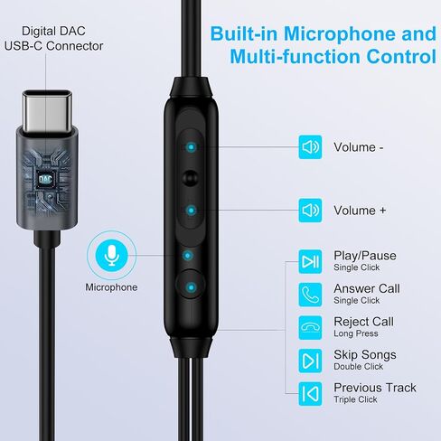 USB C Headphones for iPhone 16/16 Pro/16 Pro Max/16 Plus/15 Pro/15 Pro Max/15 Plus/15,iPad Pro,Type C Wired Earbuds Microphone Earphones Compatible for Samsung Galaxy S24 Ultra,Pixel 9 8 7 6 ، واحد زائد 9 in Kuwait