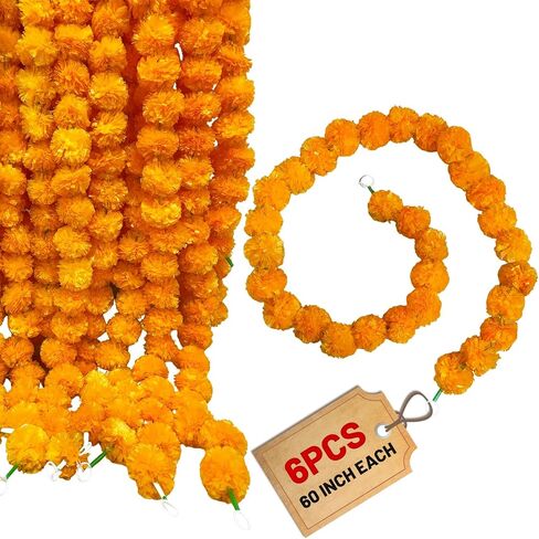 4PCS Artificial Marigold Garland for Decoration, 5 Feet Red Yellow Marigold Flowers Indian Diwali Decorations for Home Pooja Wedding Mantel Day of The Dead in Kuwait