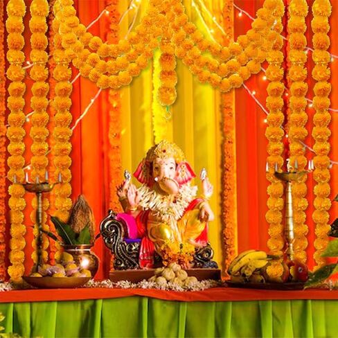 4PCS Artificial Marigold Garland for Decoration, 5 Feet Red Yellow Marigold Flowers Indian Diwali Decorations for Home Pooja Wedding Mantel Day of The Dead in Kuwait