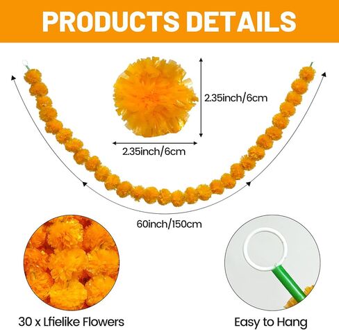 4PCS Artificial Marigold Garland for Decoration, 5 Feet Red Yellow Marigold Flowers Indian Diwali Decorations for Home Pooja Wedding Mantel Day of The Dead in Kuwait
