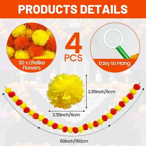 4PCS Artificial Marigold Garland for Decoration, 5 Feet Red Yellow Marigold Flowers Indian Diwali Decorations for Home Pooja Wedding Mantel Day of The Dead in Kuwait