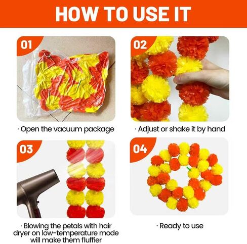4PCS Artificial Marigold Garland for Decoration, 5 Feet Red Yellow Marigold Flowers Indian Diwali Decorations for Home Pooja Wedding Mantel Day of The Dead in Kuwait