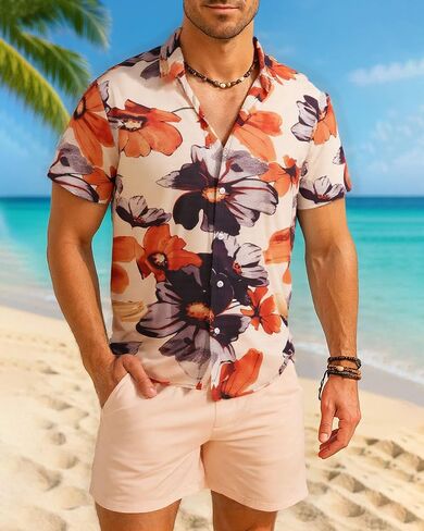 Men Short Sets Sport Outfits Graphic Print Button Down Shirt and Shorts in Saudi Arabia