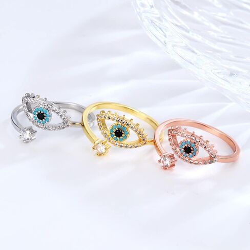 Womens Blue Evil Eye CZ Stone Adjustable Rose Gold Plated Open Rings in Saudi Arabia
