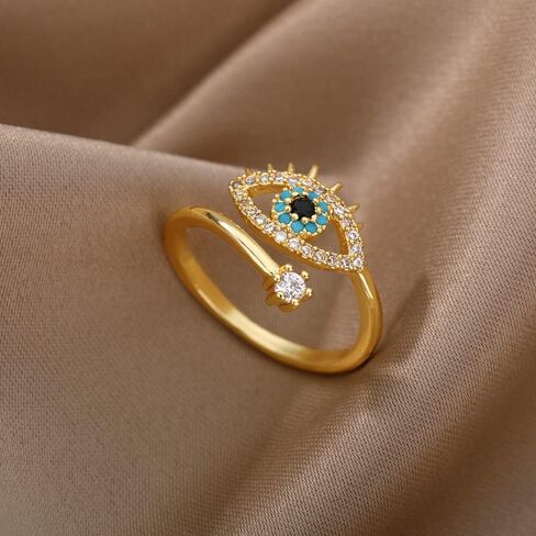 Womens Blue Evil Eye CZ Stone Adjustable Rose Gold Plated Open Rings in Saudi Arabia