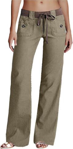 Flamingals Low Rise Cargo Wide Leg Pants for Women Drawstring Flap Pockets Y2K Bow Tie Casual Flare Pants in Kuwait