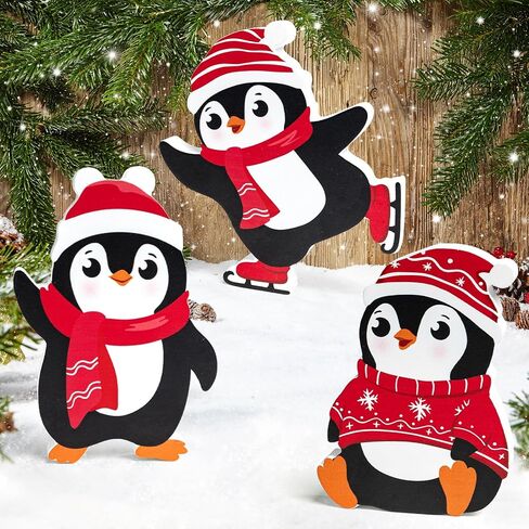 COCHIE Penguin Christmas Decorations Indoor, Cute Penguins Winter Tiered Tray Decor Set of 3, Wooden Penguin Blocks Xmas Table Decoration for Party Home Office Shelf Door (Red) in Saudi Arabia