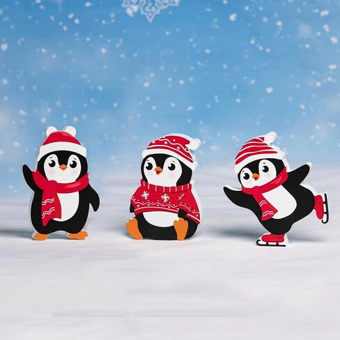 COCHIE Penguin Christmas Decorations Indoor, Cute Penguins Winter Tiered Tray Decor Set of 3, Wooden Penguin Blocks Xmas Table Decoration for Party Home Office Shelf Door (Red) in Saudi Arabia
