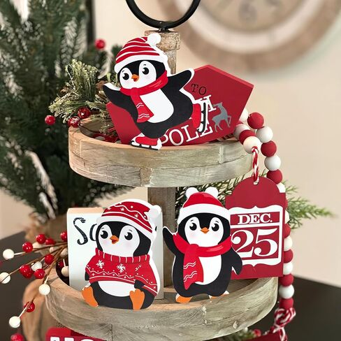 COCHIE Penguin Christmas Decorations Indoor, Cute Penguins Winter Tiered Tray Decor Set of 3, Wooden Penguin Blocks Xmas Table Decoration for Party Home Office Shelf Door (Red) in Saudi Arabia