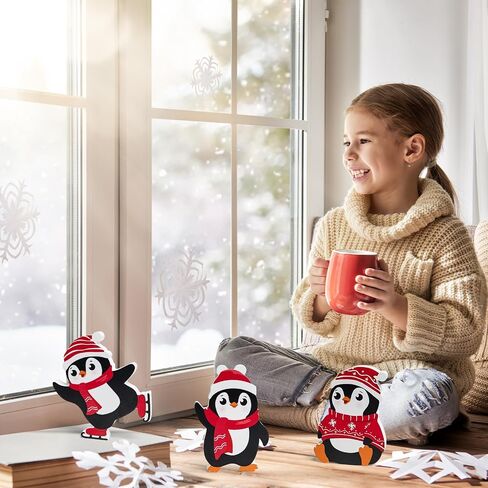 COCHIE Penguin Christmas Decorations Indoor, Cute Penguins Winter Tiered Tray Decor Set of 3, Wooden Penguin Blocks Xmas Table Decoration for Party Home Office Shelf Door (Red) in Saudi Arabia
