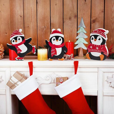 COCHIE Penguin Christmas Decorations Indoor, Cute Penguins Winter Tiered Tray Decor Set of 3, Wooden Penguin Blocks Xmas Table Decoration for Party Home Office Shelf Door (Red) in Saudi Arabia