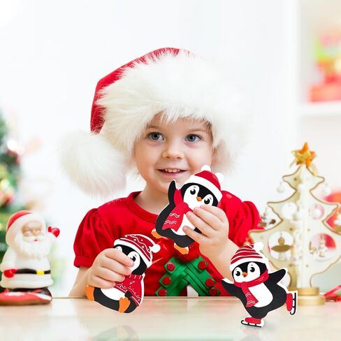 COCHIE Penguin Christmas Decorations Indoor, Cute Penguins Winter Tiered Tray Decor Set of 3, Wooden Penguin Blocks Xmas Table Decoration for Party Home Office Shelf Door (Red) in Saudi Arabia