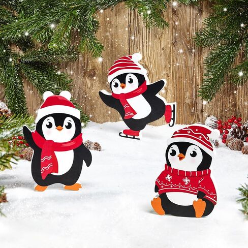 COCHIE Penguin Christmas Decorations Indoor, Cute Penguins Winter Tiered Tray Decor Set of 3, Wooden Penguin Blocks Xmas Table Decoration for Party Home Office Shelf Door (Red) in Saudi Arabia