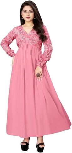 Pink Embroidered Sequin A-line Maxi Dress for Women Georgette Crepe Long Gown Wedding Party Comfortable Wear in Saudi Arabia