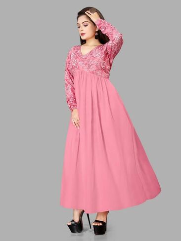 Pink Embroidered Sequin A-line Maxi Dress for Women Georgette Crepe Long Gown Wedding Party Comfortable Wear in Saudi Arabia