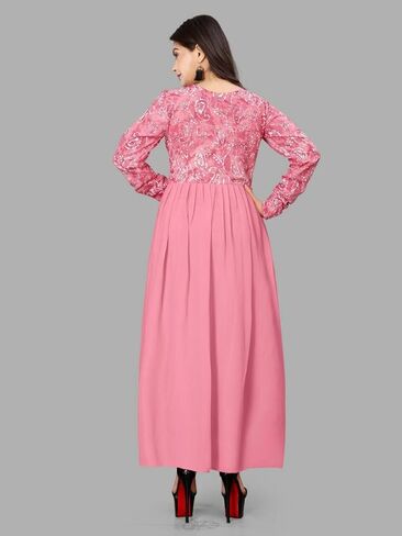 Pink Embroidered Sequin A-line Maxi Dress for Women Georgette Crepe Long Gown Wedding Party Comfortable Wear in Saudi Arabia